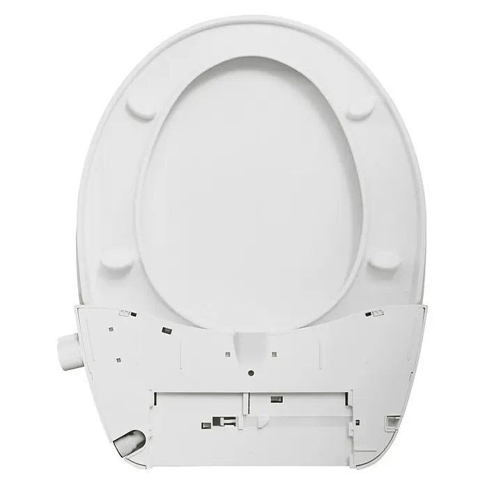 Bemis Dusch-WC-Sitz Pure Clean - Duroplast, Weiß, Mit Absenkautomatik - Nahaufnahme eines weißen Toilettensitzes mit Bidetfunktion, der ein modernes und hygienisches Badezimmererlebnis verspricht.