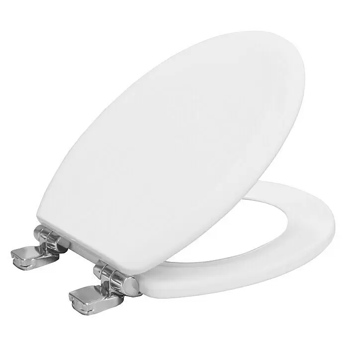 Bemis Tapa de WC Greenline - Madera, Blanco, Con caída amortiguada - Asiento de inodoro blanco con tapa abierta y bisagras cromadas brillantes.