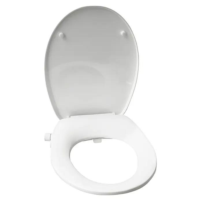 Bemis Dusch-WC-Sitz Pure Clean - Duroplast, Weiß, Mit Absenkautomatik - Weißer Toilettensitz mit Bidet-Funktion, offen präsentiert. Komfort und Hygiene vereint in einem stilvollen Design für jedes Badezimmer.