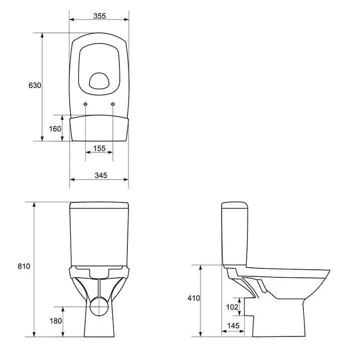 Stand-WC-Kombination Carina - Spülrandlos, Ohne Spezialglasur, Spülform: Tief, WC Abgang: Waagerecht, Weiß - Technische Zeichnung eines WC-Sets mit Maßen für die Planung eines Badezimmers.