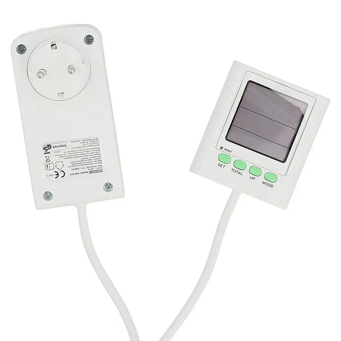 Profi Depot Energiekosten-Messgerät - Mit Zuleitung - Einsteck-Energiekostenmessgerät EIM-814 mit Display, Tasten (Set, Total, Up, Mode) und Reset-Knopf für präzise Verbrauchsmessung.