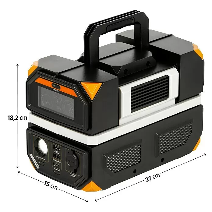 Technaxx Powerstation TX-201 - 315 Wh, Schwarz - Schwarze, orange-weiße tragbare Powerstation mit Display, Griff und mehreren Anschlüssen zum Laden von Geräten.