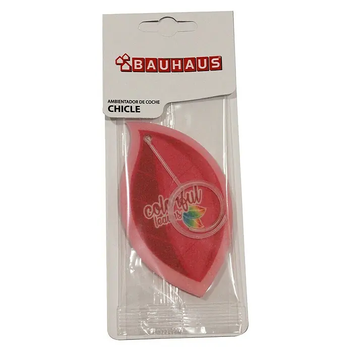 BAUHAUS Ambientador de coche Leaves - Chicle - Ambientador para coche con forma de hoja "Chicle" de Bauhaus en un paquete transparente.