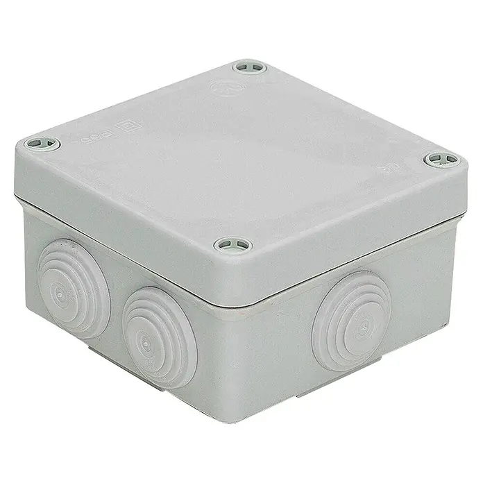 Famatel Caja de superficie con tornillos de cierre - L x An x Al: 10 x 10 x 5,5 cm - Caja de conexiones cuadrada gris con entradas de cable redondas en todos los lados para conexiones de cable seguras.