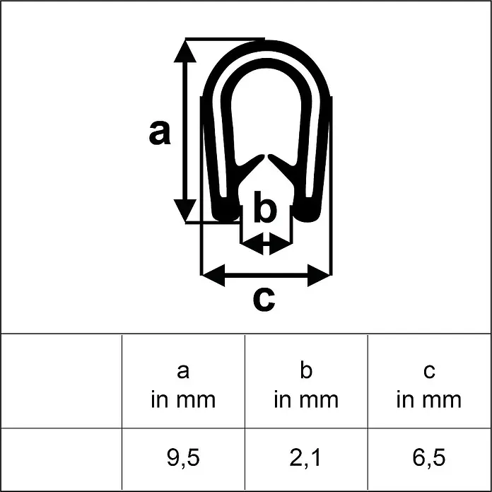 Sarei Kantenschutz Dichtung - L x B x H: 180 x 180 x 35 mm, Schwarz - Abbildung eines Dichtungsprofils mit den Maßen a=9,5mm, b=2,1mm, c=6,5mm zur Produktbeschreibung im Katalog.