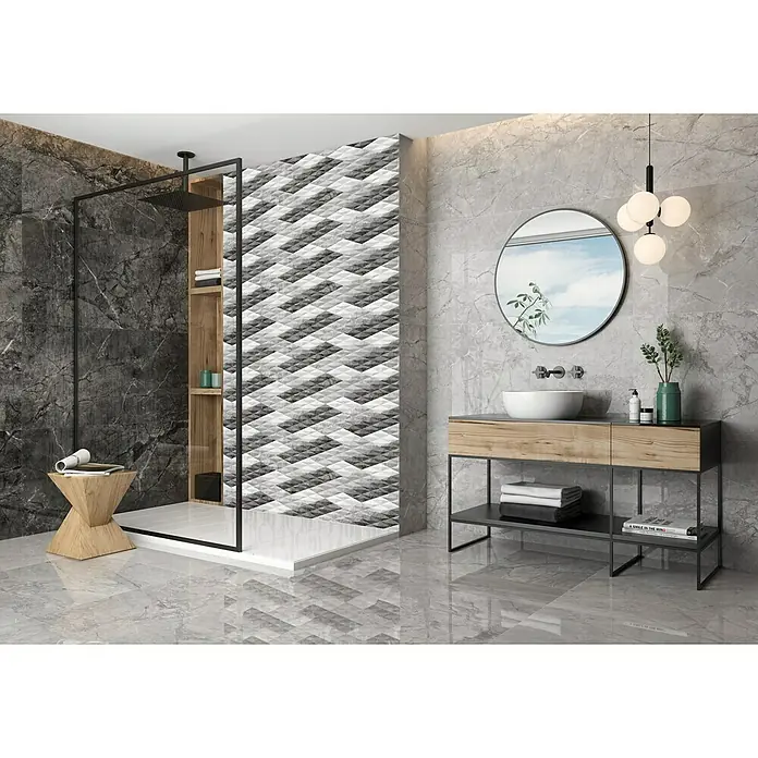 Pavimento porcelánico Gales - 60 x 120 cm, Gris, Rectificado - Baño moderno con azulejos geométricos y accesorios elegantes, creando un ambiente elegante.