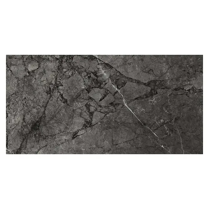 Pavimento porcelánico Gales - 60 x 120 cm, Dark, Rectificado - Mármol oscuro con vetas blancas y oscuras prominentes, creando una textura natural y elegante. Ideal para superficies con estilo.