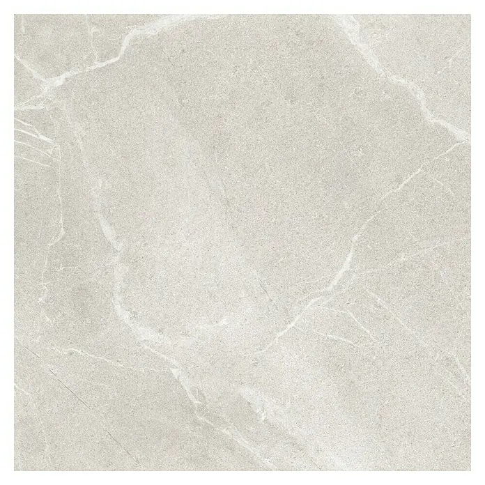 Pavimento porcelánico Soul - 60,8 x 60,8 cm, Light, Mate - Primer plano de una baldosa cerámica de color gris claro con efecto mármol. El diseño es fino y elegante con textura sutil.