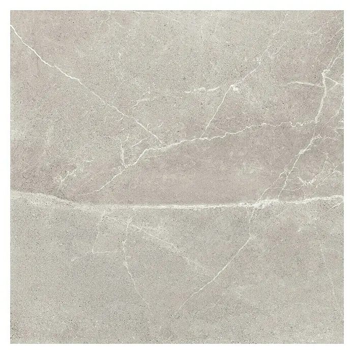Pavimento porcelánico Soul - 60,8 x 60,8 cm, Base, Mate - Primer plano de una baldosa de cerámica gris con delicados mármoles blancos, ideal para diseños modernos de suelos y paredes.