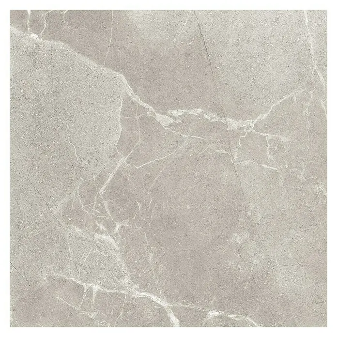 Pavimento porcelánico Soul - 60,8 x 60,8 cm, Base, Mate - Primer plano de una elegante baldosa gris con finas vetas de mármol, ideal para diseño interior moderno.