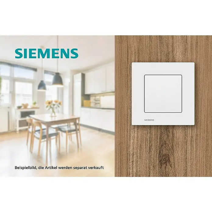 Siemens DELTA Viva Blindabdeckung SIE039758 - Polar Weiß, Glänzend, Kunststoff, Unterputzmontage - Nahaufnahme eines weißen Siemens-Lichtschalters an einer Holzwand, modernes Design für Ihr Zuhause.