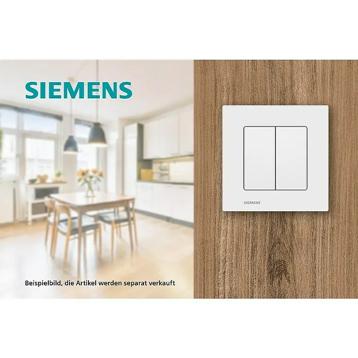 Siemens DELTA Viva Serienschalter SIE039611 - Polar Weiß, Glänzend, Unterputzmontage, 10 A - Ein Doppel-Lichtschalter von Siemens an einer Holzwand, mit klarem Design und der Siemens-Logo, ideal für moderne Innenräume.