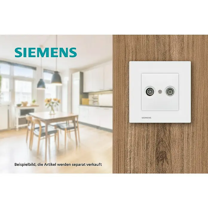 Siemens DELTA Viva Antennendose SIE039734 - Polar Weiß, Glänzend, Kunststoff, Unterputzmontage - Nahaufnahme einer weißen Siemens-Antennensteckdose mit zwei Anschlüssen an einer Holzwand.