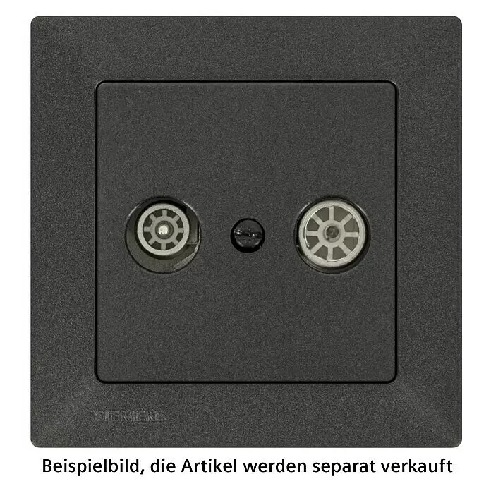 Siemens DELTA Mega Antennendose SIE039505 - Carbon Metallic, Glänzend, Kunststoff, Unterputzmontage - Dunkelgraue, strukturierte Siemens Antennensteckdose mit zwei Koaxialanschlüssen und einer Zentralschraube.