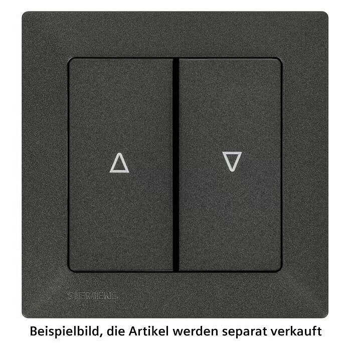 Siemens DELTA Mega Jalousieschalter SIE039529 - Carbon Metallic, Glänzend, Unterputzmontage, 10 A - Dunkelgrauer, strukturierter Siemens Wippschalter mit Auf- und Abwärtspfeilen.