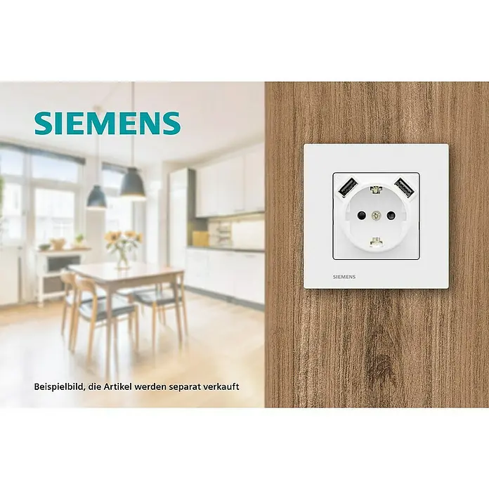 Siemens DELTA Viva USB-Steckdose SIE039697 - Polar Weiß, Glänzend, Kunststoff, Unterputzmontage - Das Bild zeigt eine weiße Siemens Steckdose mit zwei USB-Anschlüssen an einer Holzwand montiert. Praktische und elegante Stromversorgungslösung.