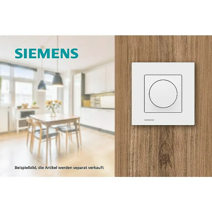 Siemens DELTA Viva LED-Dimmer SIE039727 - Polar Weiß, Kunststoff - Nahaufnahme eines Siemens-Lichtschalters mit einer quadratischen Blende und einem runden Knopf, montiert auf einer Holzwand.