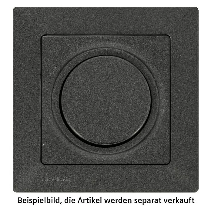 Siemens DELTA Mega Dimmerabdeckung SIE039543 - Carbon Metallic, Glänzend, Kunststoff, Unterputzmontage - Dunkelgraue, strukturierte Quadratblende für einen Drehschalter mit zentralem rundem Bedienelement.