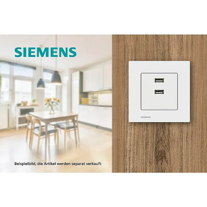Siemens DELTA Viva Steckdosen-USB-Einsatz SIE039703 - Polar Weiß, Glänzend, Unterputzmontage - Nahaufnahme einer weißen Siemens USB-Doppelsteckdose an einer Holzwand. Perfekt für das Aufladen von Geräten ohne Adapter.