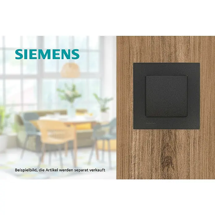 Siemens DELTA Mega Abdeckrahmen Design - Carbon Metallic, 1-fach, Kunststoff - Nahaufnahme eines schwarzen Siemens-Lichtschalters an einer Holzwand, der ein modernes und stilvolles Design für die Inneneinrichtung zeigt.