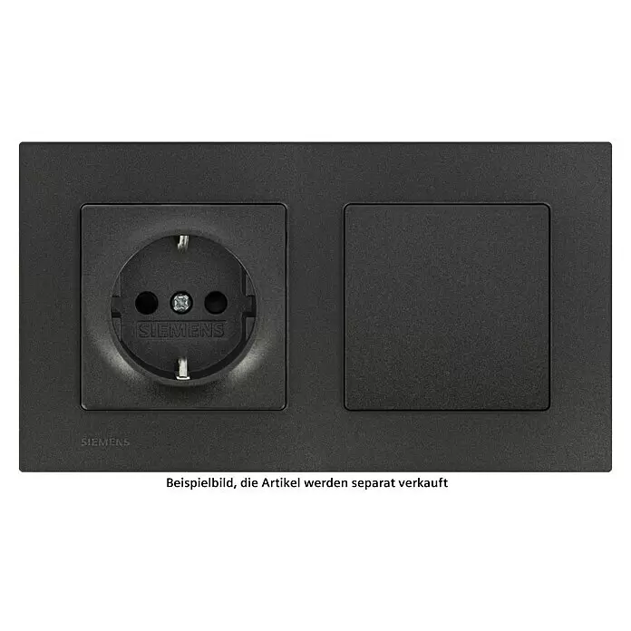 Siemens DELTA Mega Abdeckrahmen Design - Carbon Metallic, 2-fach, Kunststoff - Dunkelgraue, strukturierte Siemens Schuko-Steckdose und ein passendes quadratisches Modul.
