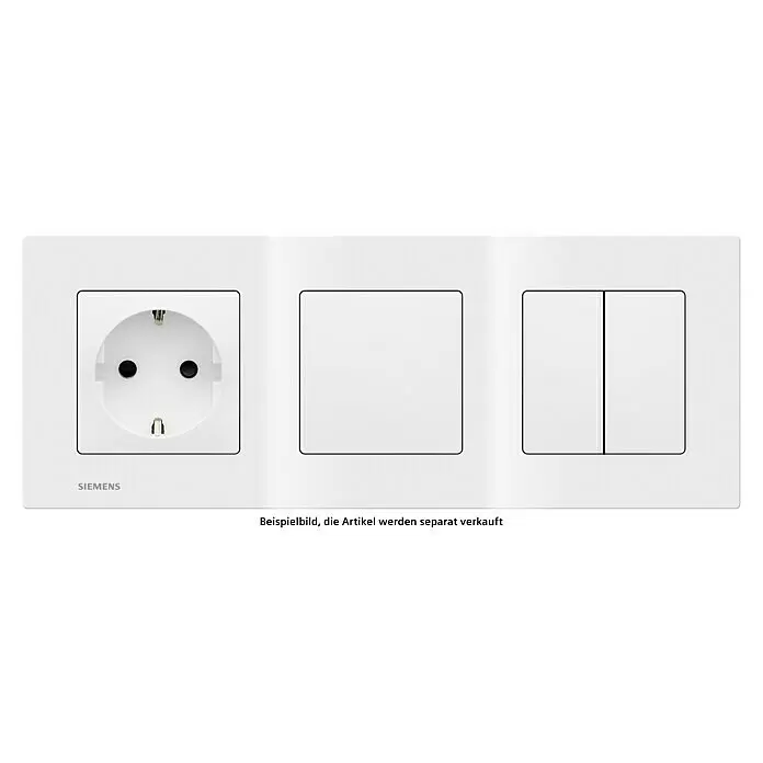 Siemens DELTA Viva Abdeckrahmen SIE039802 - Polar Weiß, 3-fach, Kunststoff - Weißer 3-fach-Rahmen mit einer Schuko-Steckdose, Blindabdeckung und einem Doppellichtschalter.