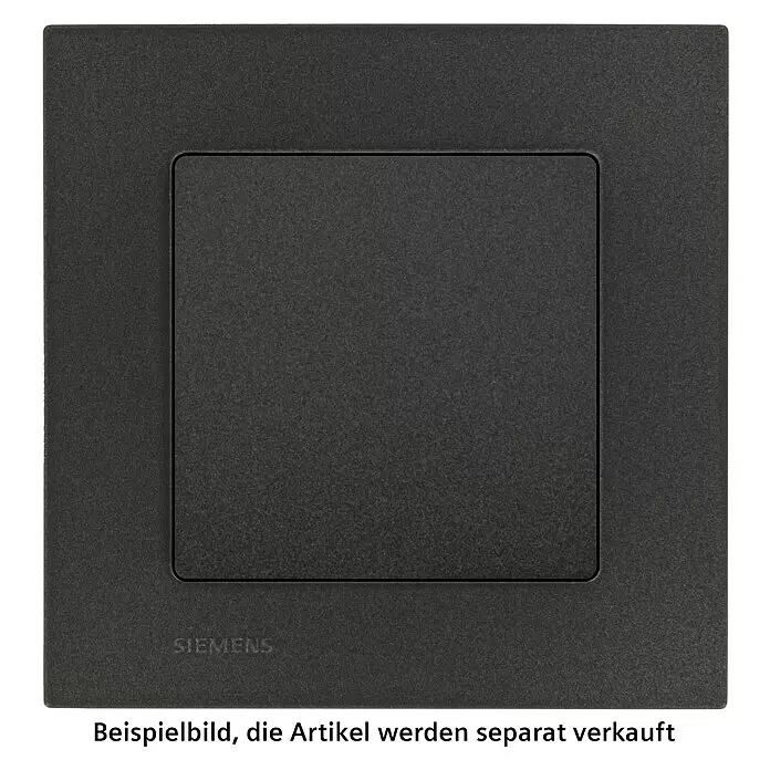 Siemens DELTA Mega Abdeckrahmen Design - Carbon Metallic, 1-fach, Kunststoff - Dunkelgraue quadratische Schalterabdeckung mit zentralem Knopf und Siemens-Logo.