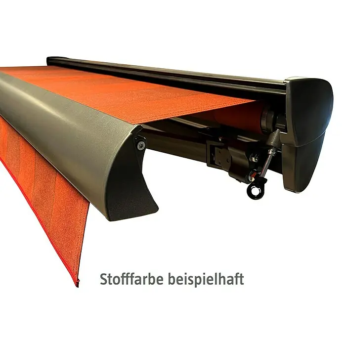 Solid Elements Teilhülsenmarkise 320B70 - Grün/Beige, Breite: 4,5 m, Ausfall: 2 m - Nahaufnahme einer Markise mit orangefarbenem Stoff. Die Markise ist teilweise ausgefahren und zeigt Details der Mechanik.