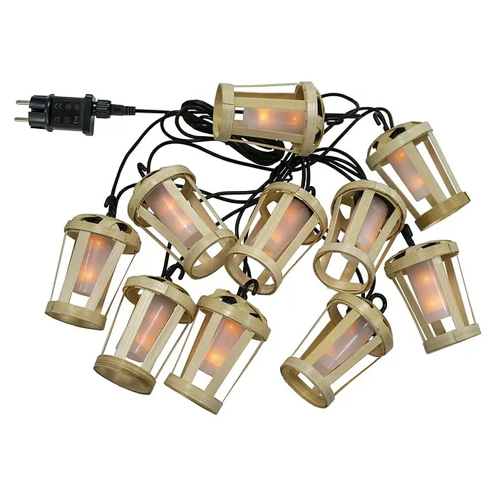 New Garden Guirnalda luminosa LED Hiama - 3 W, 50 lm, Bambú, 5 m, IP44 - Guirnalda de luces de farolillos: Esta guirnalda tiene diez pequeños farolillos decorativos que crean un ambiente cálido y acogedor.