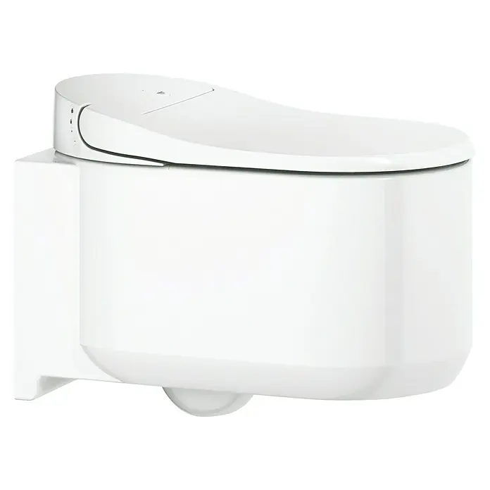 Grohe Sensia Arena Wand-Dusch-WC-Set - Spülrandlos, Mit antibakterieller Glasur, Spülform: Tief, WC Abgang: Waagerecht, Weiß - Nahaufnahme einer modernen, weißen Toilette mit Bidet-Funktion. Das elegante Design passt perfekt in jedes moderne Badezimmer.