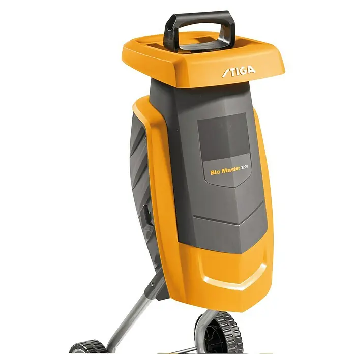 Stiga Elektro-Häcksler Bio Master 2200 - Max. Aststärke: 4 cm, 2.200 W - Das Bild zeigt einen gelb-grauen STIGA Bio Master 2200 Gartenhäcksler vor einem neutralen Hintergrund.
