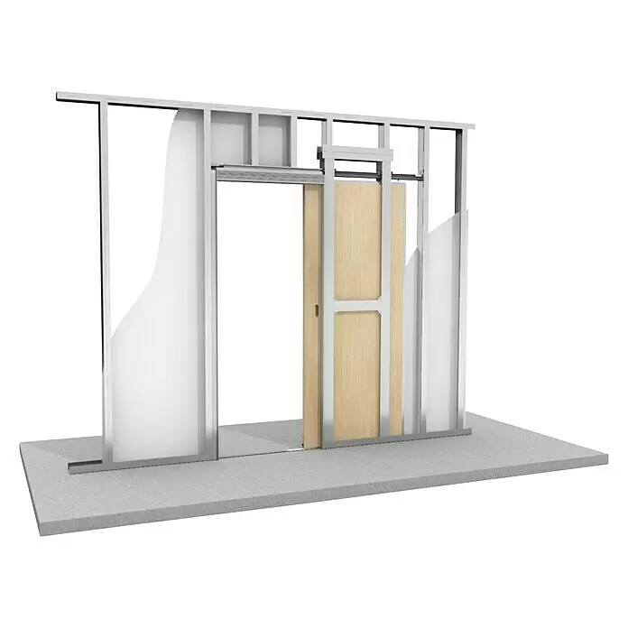 Knauf Klemmbacken Pocket Kit - Belastbarkeit pro Tür: 120 kg, Passend für: Glastürblätter mit Glasdicken 8/10/12 mm VSG/ESG - Taschentürsystem mit heller Holztür, Metallrahmen und teilweise weißen Wandpaneelen, in einer Wandöffnung installiert.