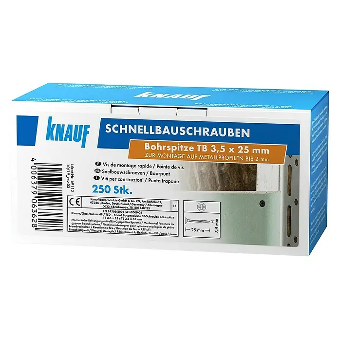 Knauf Schnellbauschraube TB25 - Durchmesser: 3,5 mm, Länge: 25 mm, 250 Stk. - Knauf Schnellbauschrauben TB 3,5 x 25 mm, ideal für die Montage auf Metallprofilen bis 2 mm. Schrauben für Trockenbauarbeiten.