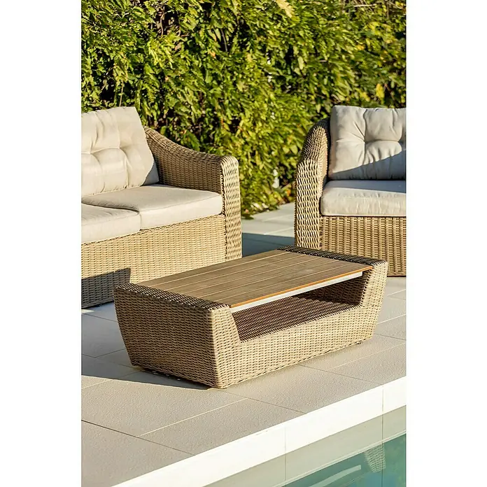 Sunfun Conjunto de muebles Belinda II - 4 pzs., Aluminio/Ratán sintético, Arena - Elegante conjunto de exterior con un sofá de ratán, un sillón y una mesa de centro. Ideal para horas de relax en el jardín o la terraza.