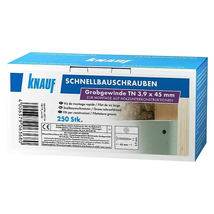 Knauf Schnellbauschraube TN 45Durchmesser: 3,9 mm, Länge: 45 mm, 250 Stk. - Produktverpackung von Knauf Schnellbauschrauben Grobgewinde TN 3,9 x 45 mm zur Holzunterkonstruktion.