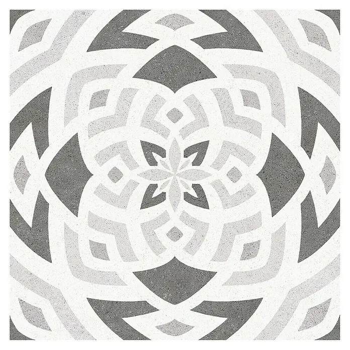 Feinsteinzeugfliese Vintage Mix - 25 x 25 cm, Weiß/Grau, Matt - Graue und weiße abstrakte Fliesenkunst mit einem komplexen geometrischen Muster, ideal für Bodenbeläge und Wanddekoration.