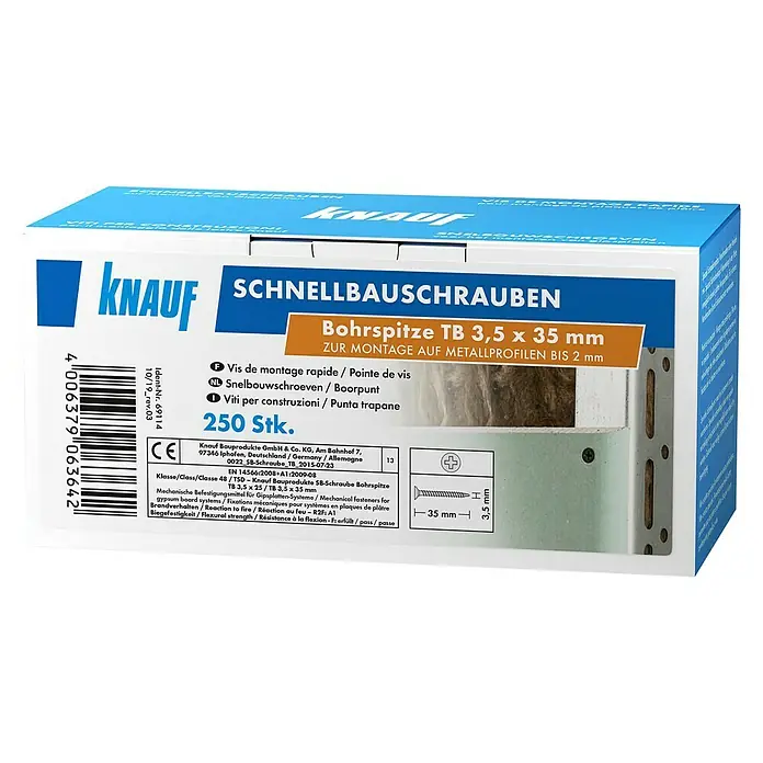Knauf Schnellbauschraube TB35 - Durchmesser: 3,5 mm, Länge: 35 mm, 250 Stk. - Eine Packung Knauf Schnellbauschrauben mit Bohrspitze TB 3,5 x 35 mm, ideal für die Montage auf Metallprofilen bis 2 mm.