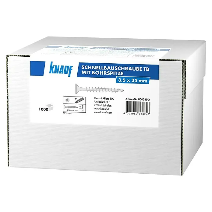 Knauf Schnellbauschraube TB35 - Durchmesser: 3,5 mm, Länge: 35 mm, 1.000 Stk. - Eine Schachtel Knauf Schnellbauschrauben TB mit Bohrspitze, Größe 3,5 x 35 mm, ideal für schnelle und sichere Befestigungen im Trockenbau.