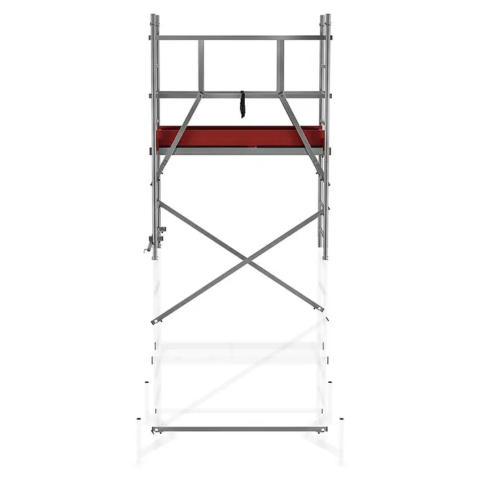 Krause ClimTec Aufstockelement 1. Aufstockung - Arbeitshöhe: 5 m - Ein modulares Baugerüst aus Aluminium mit roter Plattform, ideal für Renovierungs- und Bauarbeiten. Für sicheren Halt bei Arbeiten in der Höhe.
