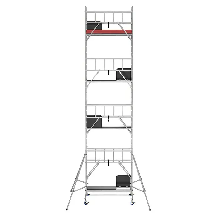 Krause ProTec Rollgerüst - Arbeitshöhe: 9,3 m, Belastbarkeit Plattform: 240 kg - Abbildung eines Rollgerüsts aus Aluminium. Das Gerüst ist hoch und hat mehrere Ebenen.