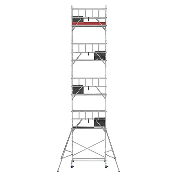 Krause ProTec Rollgerüst - Arbeitshöhe: 10,3 m, Belastbarkeit Plattform: 240 kg - Ansicht eines modularen Gerüsts mit Rädern, roten Plattformen und Leiter für Bauarbeiten. Es ist hoch und stabil für sichere Arbeiten.