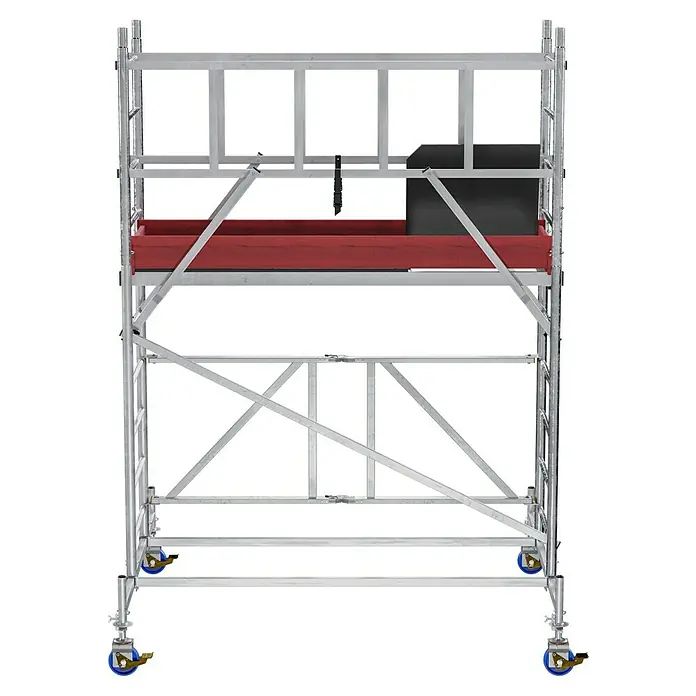 Krause ProTec XS Klappgerüst - Arbeitshöhe: 3,8 m, Belastbarkeit Plattform: 240 kg - Aluminium-Rollgerüst für sicheres Arbeiten in der Höhe, mit roten Ablageflächen und blauen Rollen für Mobilität.