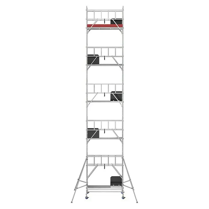 Krause ProTec RollgerüstArbeitshöhe: 11,3 m, Bühnengröße: 2 x 0,6 m, Belastbarkeit: 200 kg/m² - Abbildung eines hohen fahrbaren Gerüsts. Ideal für Bau- und Wartungsarbeiten, die eine große Höhe erfordern, mit mehreren Ebenen für Werkzeuge.