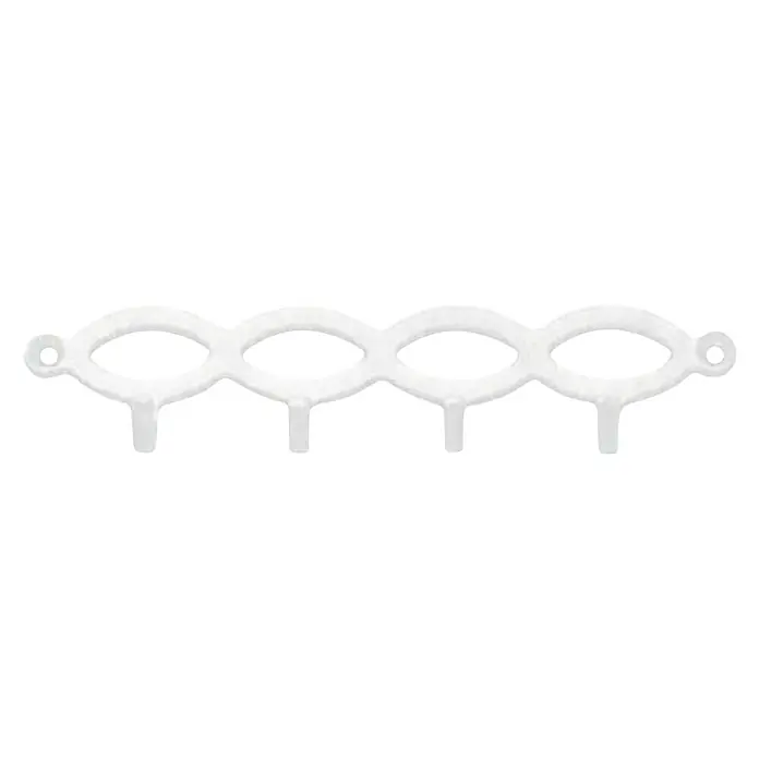 Häfele Colgador para llaves - L x An x Al: 170 x 150 x 5 mm, Aluminio, Blanco - Primer plano de una tira colgante blanca y alargada con cuatro bucles y cuatro ganchos, ideal para organizar objetos pequeños.
