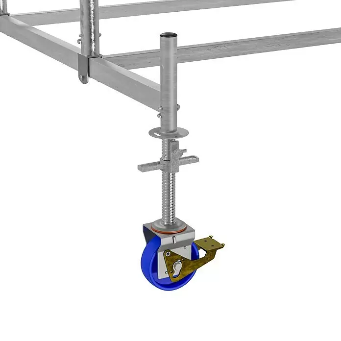 Krause ProTec XXL Rollgerüst Breitaufbau - Arbeitshöhe: 2,9 m, Belastbarkeit Plattform: 480 kg - Gerüstlenkrolle mit verstellbarer Spindelstütze für eine Metallgerüstkonstruktion. Mit blauem Rad und silbernen Komponenten.