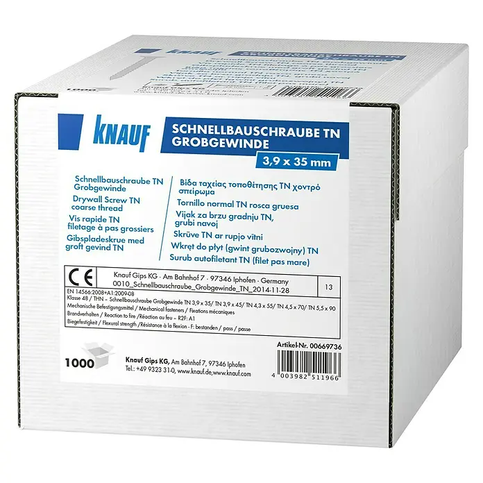 Knauf Schnellbauschraube TN 35 - Durchmesser: 3,9 mm, Länge: 35 mm, 1.000 Stk. - Box mit Knauf Schnellbauschrauben TN Grobgewinde, 3,9 x 35 mm, für Trockenbauarbeiten und Befestigungen.