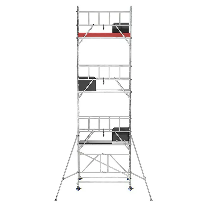 Krause ProTec XS Klappgerüst - Arbeitshöhe: 7,8 m, Belastbarkeit Plattform: 240 kg - Mobiles Baugerüst aus Aluminium mit mehreren Ebenen und roten Akzenten. Ideal für flexible Arbeiten in der Höhe.