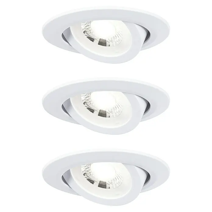 Paulmann LED-Einbauleuchten-Set rund - 6 W, Weiß matt, 3 Stk., Warmweiß - Nahaufnahme von drei weißen, schwenkbaren LED-Deckenspots, die ein helles, fokussiertes Licht abgeben und für moderne Innenräume geeignet sind.