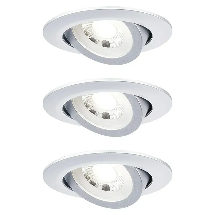 Paulmann LED-Einbauleuchten-Set rund - 6 W, Chrom matt, 3 Stk., Warmweiß - Nahaufnahme von drei modernen, schwenkbaren LED-Einbauspots mit weißem Rahmen und silbernem Innenring vor schwarzem Hintergrund.