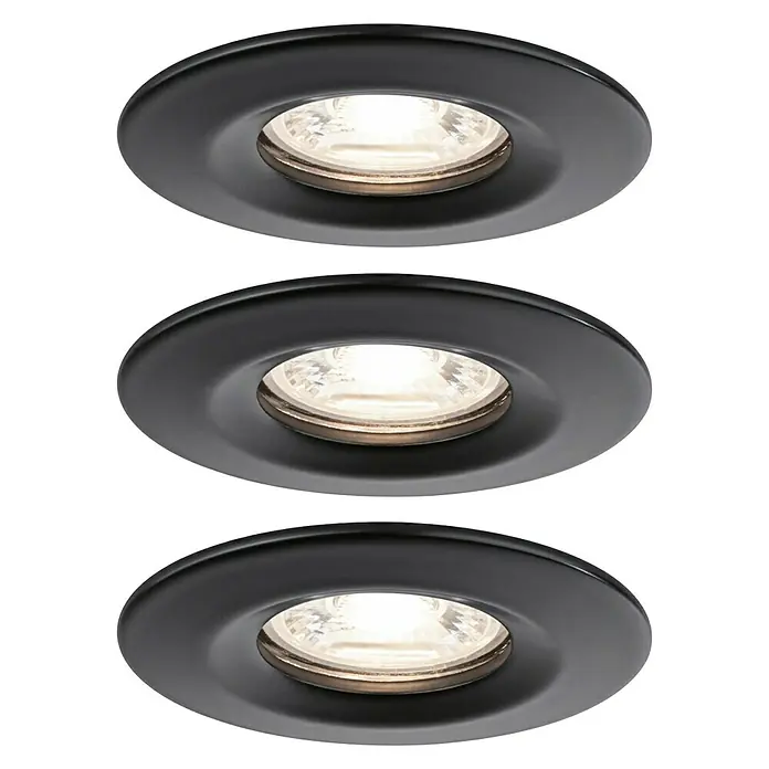 Paulmann LED-Einbauleuchten-Set rund Nova Mini Coin - 4 W, Ø x H: 6,6 x 3 cm, Schwarz, 3 Stk., Starr - Drei runde, schwarze Einbaustrahler mit warmweißem Licht auf schwarzem Hintergrund. Elegantes Design für moderne Beleuchtung.
